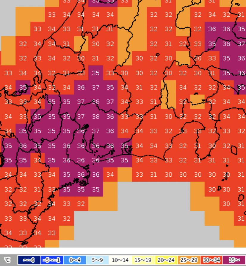 本当に危険な暑さになります. 今日1日の最高気温は岐阜38℃,熊谷・福島・名古屋・京都・奈良・岡山・久留米37℃,前橋・甲府・山形・飯田・富山・大津・大阪・鳥取・山口・高松・日田・佐賀・熊本36℃,東京都心や帯広・八戸含め各地35℃の猛暑日に.熱中症を他人事と思わずに必ず適切な暑さ対策を