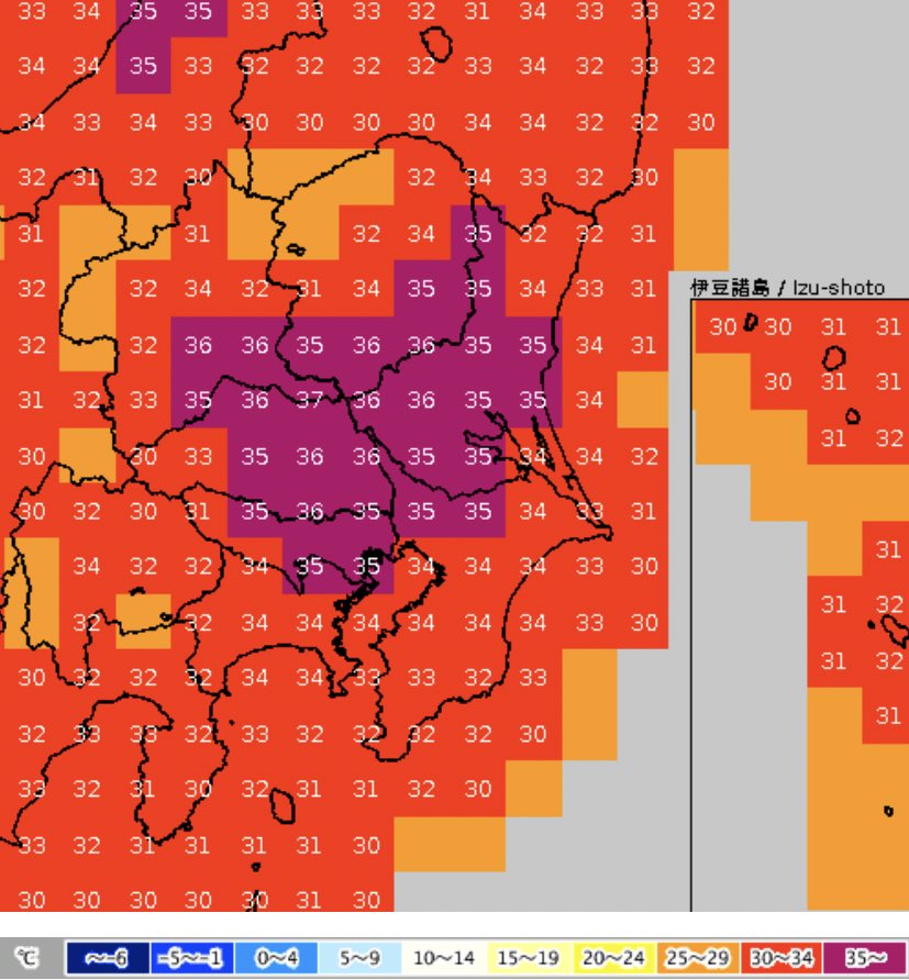 本当に危険な暑さになります. 今日1日の最高気温は岐阜38℃,熊谷・福島・名古屋・京都・奈良・岡山・久留米37℃,前橋・甲府・山形・飯田・富山・大津・大阪・鳥取・山口・高松・日田・佐賀・熊本36℃,東京都心や帯広・八戸含め各地35℃の猛暑日に.熱中症を他人事と思わずに必ず適切な暑さ対策を