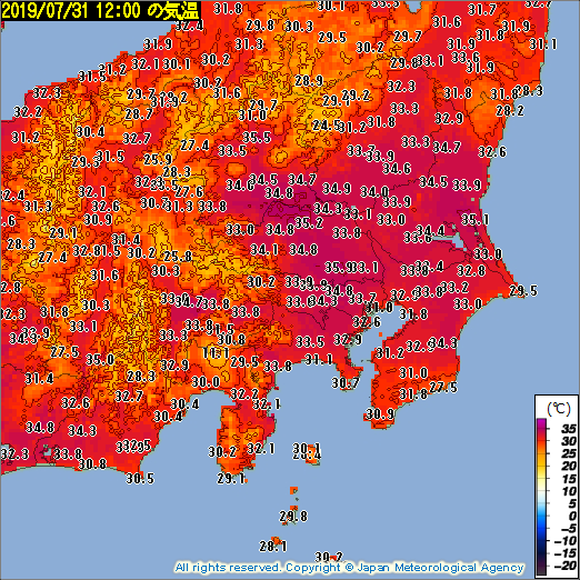 酷い暑さになっています. 今日31日昼の時点で最高気温35℃以上の猛暑日になっているところがあり,広範囲で真夏日に.人間は暑さに耐えられる構造をしていないので,暑さは絶対に我慢したり我慢させてはいけません.適切な暑さ対策を十分に行って,熱中症にどうかお気をつけ下さい.