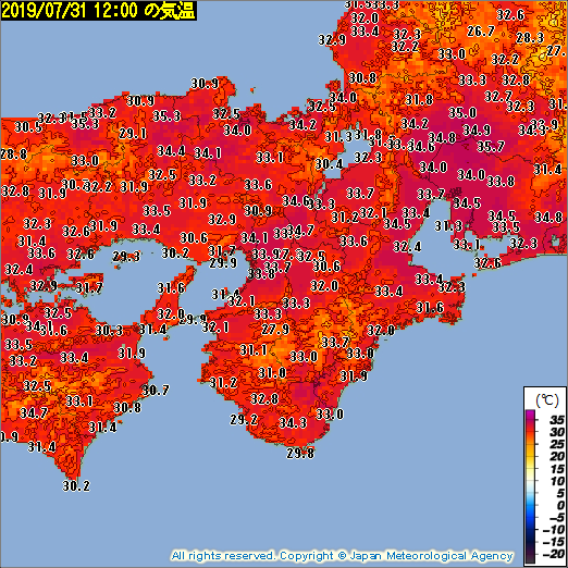 酷い暑さになっています. 今日31日昼の時点で最高気温35℃以上の猛暑日になっているところがあり,広範囲で真夏日に.人間は暑さに耐えられる構造をしていないので,暑さは絶対に我慢したり我慢させてはいけません.適切な暑さ対策を十分に行って,熱中症にどうかお気をつけ下さい.
