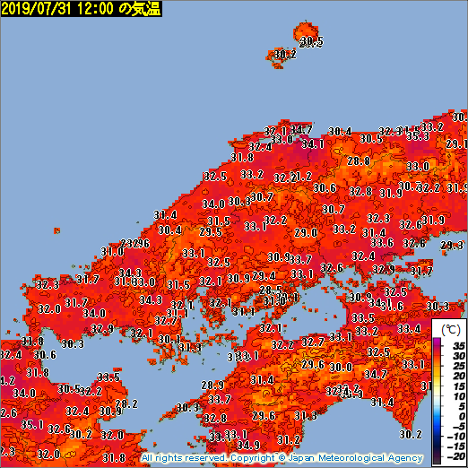 酷い暑さになっています. 今日31日昼の時点で最高気温35℃以上の猛暑日になっているところがあり,広範囲で真夏日に.人間は暑さに耐えられる構造をしていないので,暑さは絶対に我慢したり我慢させてはいけません.適切な暑さ対策を十分に行って,熱中症にどうかお気をつけ下さい.