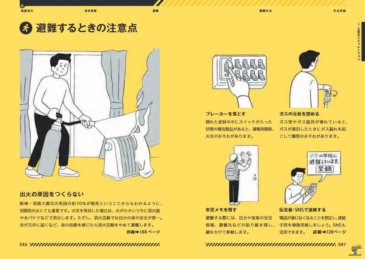 大規模な地震の発災時・避難時の注意点等は「東京防災」にまとめられています．東京以外でも使えます．オンラインPDFに加えてアプリ版や電子書籍版も無料公開されています．英語・中国語・韓国語版もあります．地震への備えや非常時の対応をいま一度確認してください． 