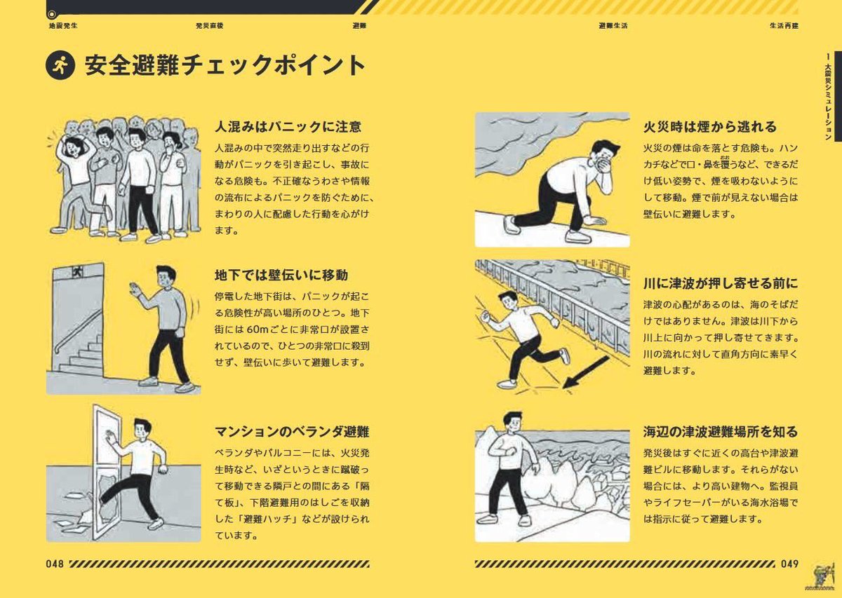 大規模な地震の発災時・避難時の注意点等は「東京防災」にまとめられています．東京以外でも使えます．オンラインPDFに加えてアプリ版や電子書籍版も無料公開されています．英語・中国語・韓国語版もあります．地震への備えや非常時の対応をいま一度確認してください． 