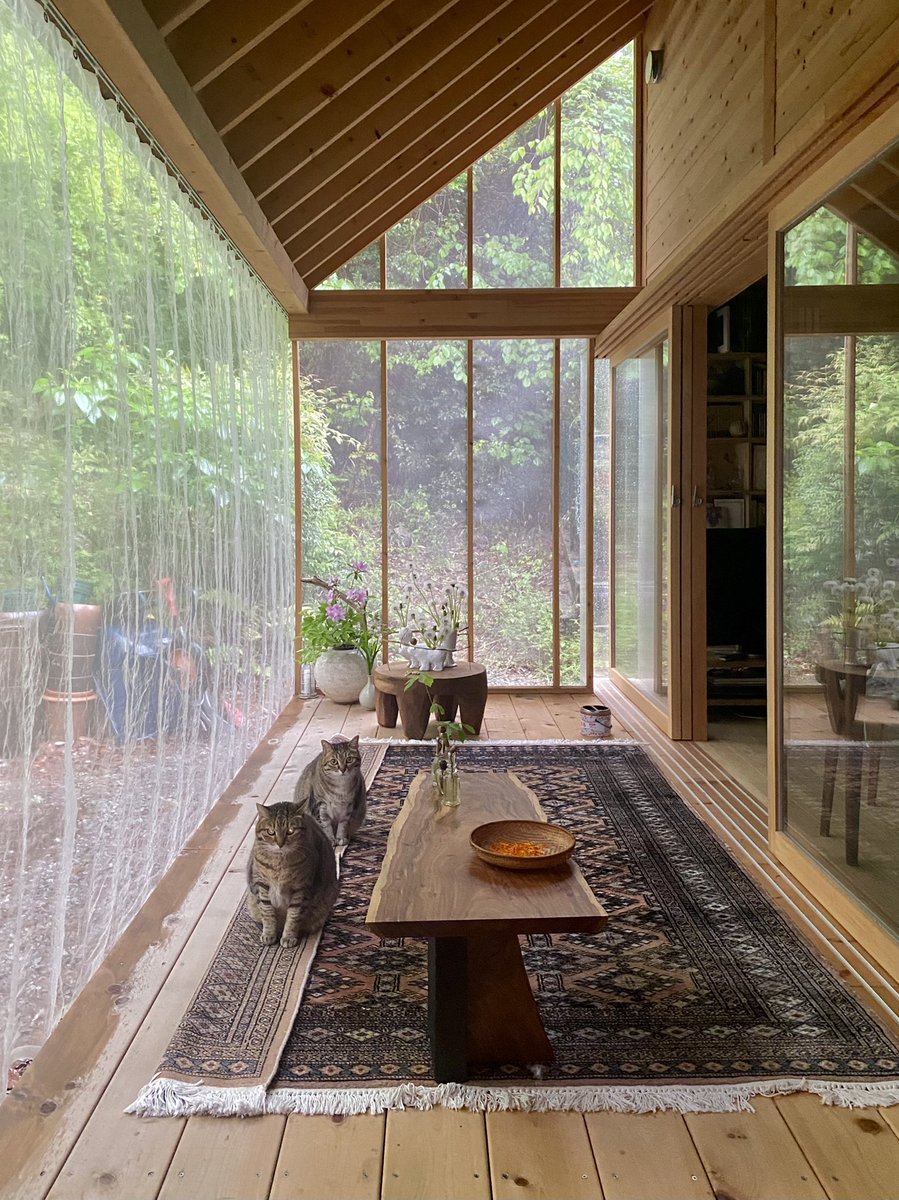 雨が強いときはデッキのヘリが濡れるので、絨毯を折っている