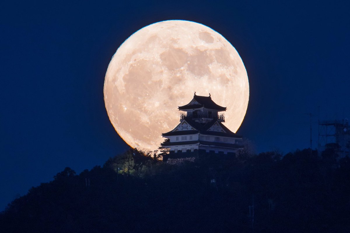 月はどこから見ても（撮っても）同じ大きさだが、岐阜城は離れれば小さくなる