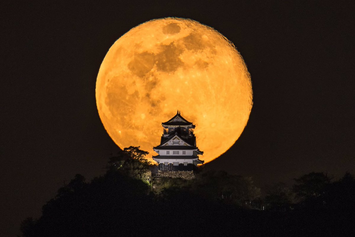 月はどこから見ても（撮っても）同じ大きさだが、岐阜城は離れれば小さくなる
