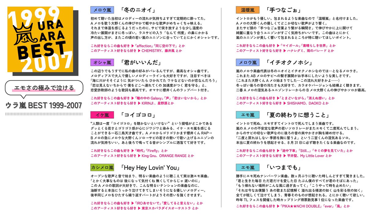 サブスク解禁時同様、嵐のカップリング全曲配信開始に合わせ、あまり偏りなく邦楽好きな私が、音楽的な面で紹介したい楽曲を「マイウラ嵐BEST」としてまとめました