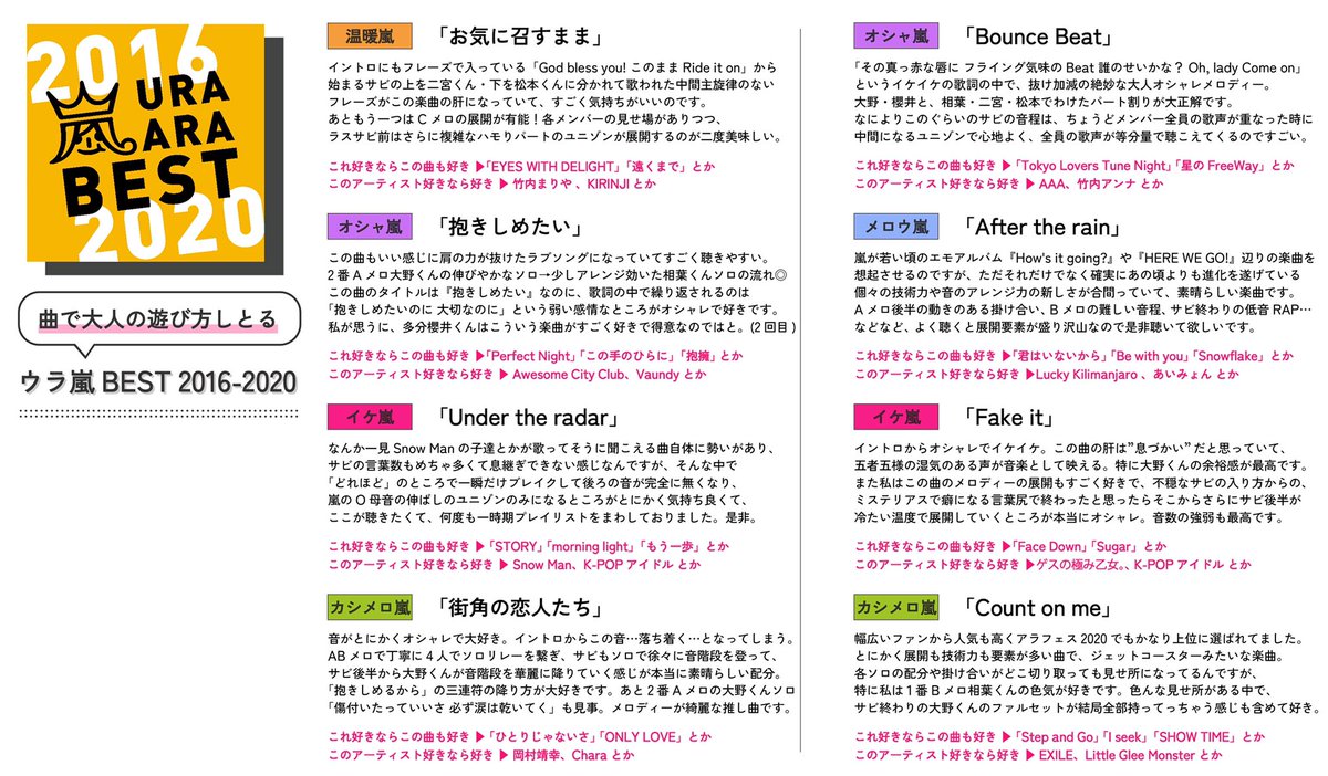 サブスク解禁時同様、嵐のカップリング全曲配信開始に合わせ、あまり偏りなく邦楽好きな私が、音楽的な面で紹介したい楽曲を「マイウラ嵐BEST」としてまとめました