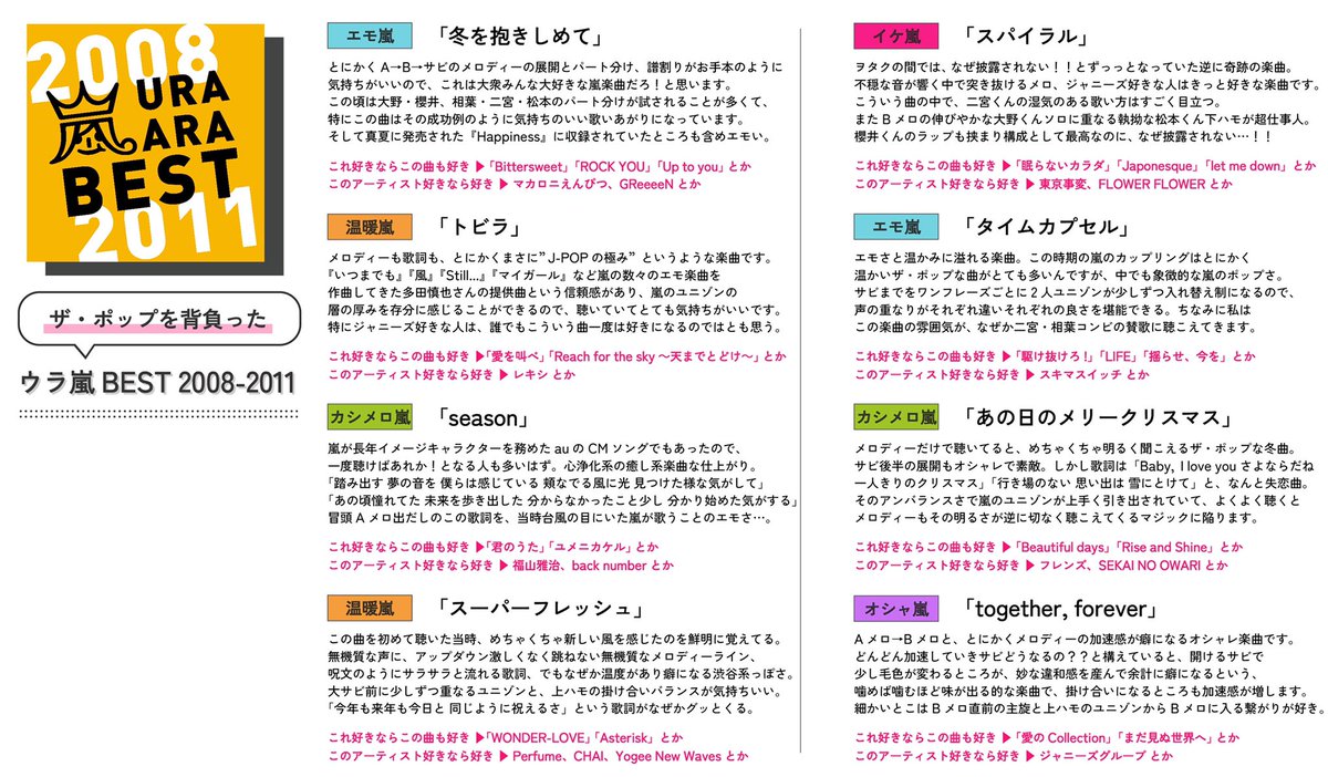 サブスク解禁時同様、嵐のカップリング全曲配信開始に合わせ、あまり偏りなく邦楽好きな私が、音楽的な面で紹介したい楽曲を「マイウラ嵐BEST」としてまとめました