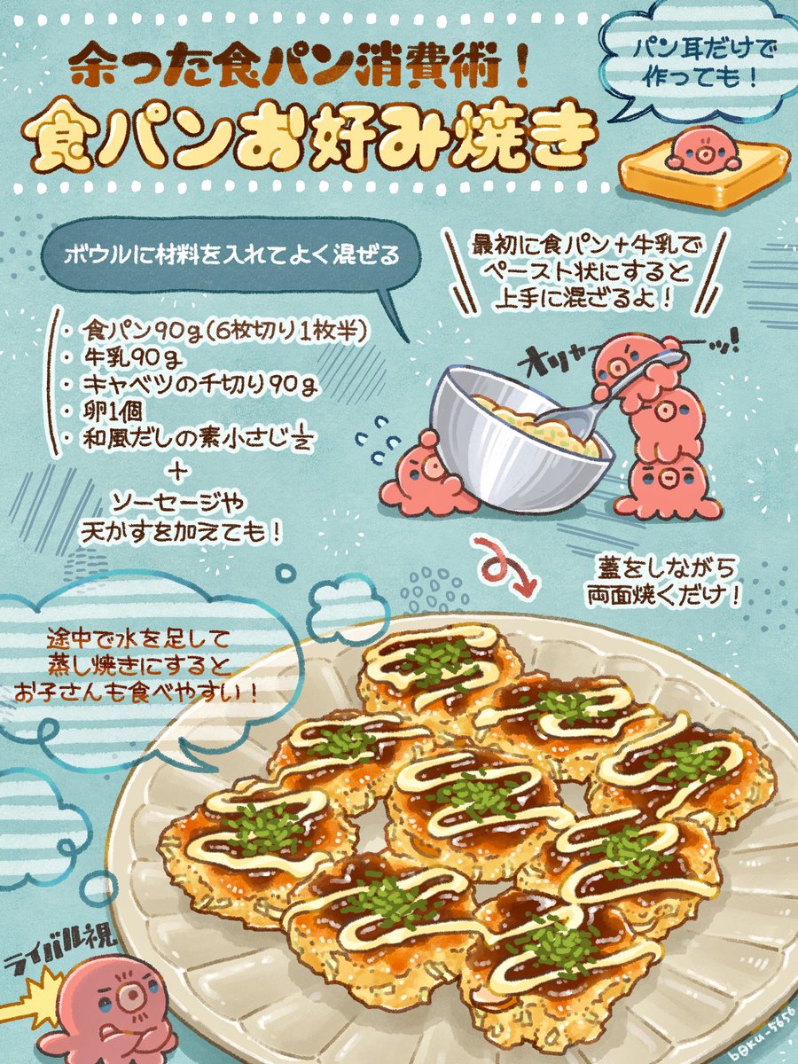 長男くんが大好物の【パン耳お好み焼き】めっちゃ美味しいからみんなやってほしい パン耳(90g)と牛乳(90g)で柔らかくしたら、これまた同量のキャベツ(90g)と卵1個、だしの素小さじ半分、天かすを加えて混ぜ混ぜ〜‼️ 蓋をしつつ両面焼いて完成✨