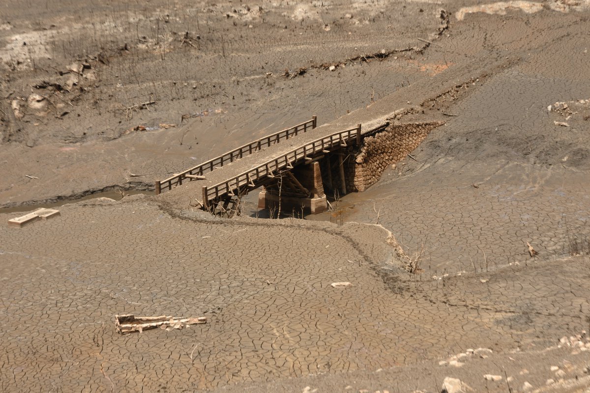貯水率ゼロの宇連ダム 湖底に沈んだ橋が出現 