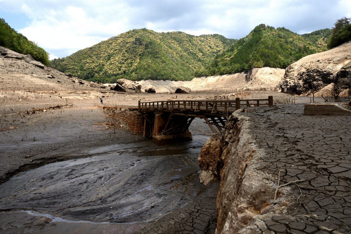 貯水率ゼロの宇連ダム 湖底に沈んだ橋が出現 