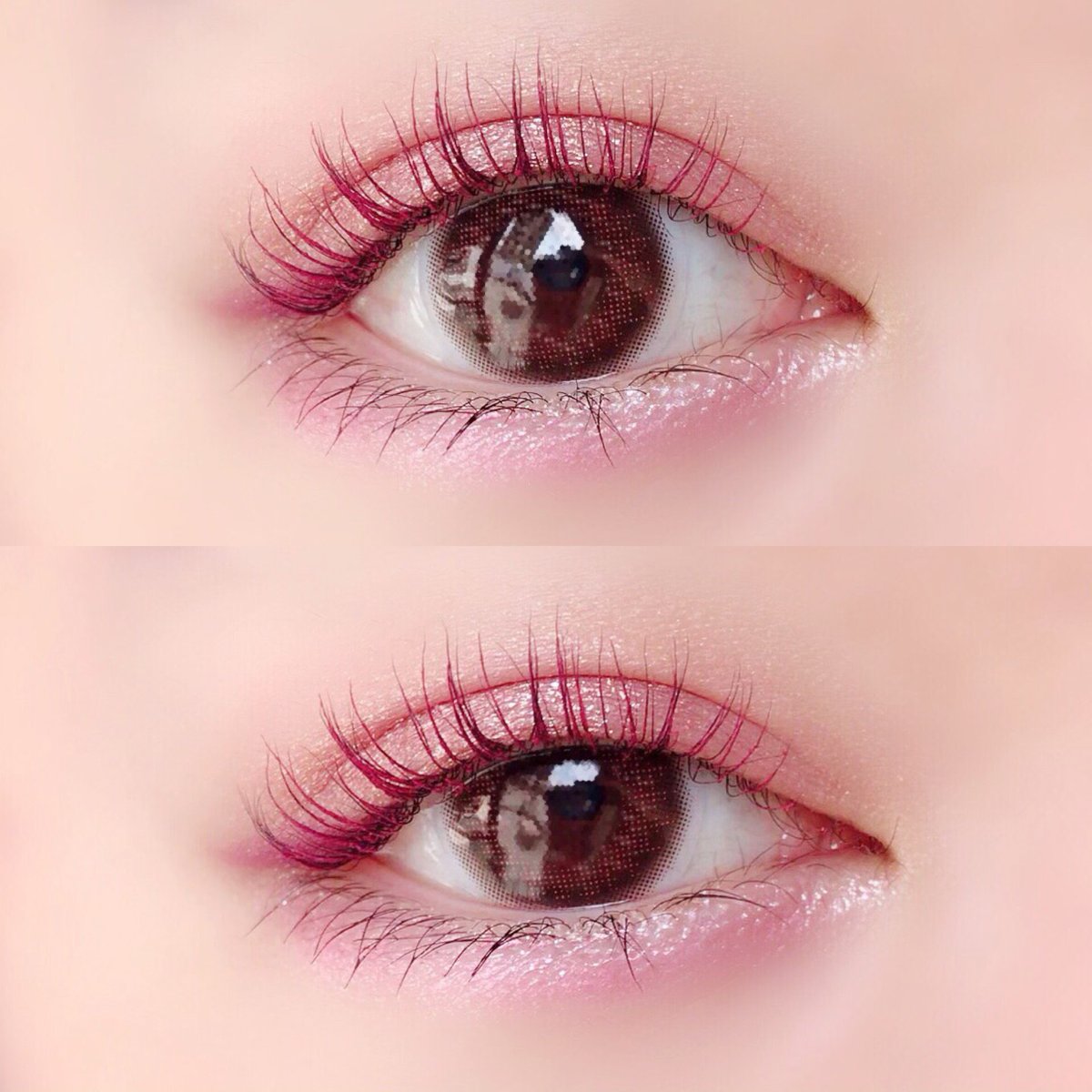 上まぶたは黄み寄り、下まぶたは青みのピンクにすることでメリハリをつけて腫れぼったさを回避