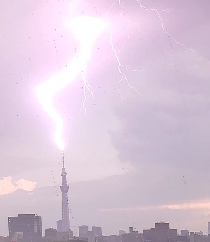 スカイツリーに落ちた稲妻⚡ 急に雷めっちゃ鳴るからお昼寝の邪魔されたけど良いものが撮れた笑 でもあんなに何回も雷落ちてスカイツリーは無事なのだろうか…笑