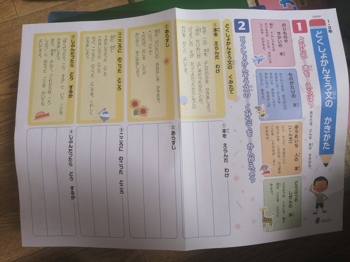 私の時代は「感じたことを書きましょう」でほっぽりだされてた読書感想文、今年の夏は進め方のテクが配られており、嬉しさでもう感無量っすよ　拝み倒したい～☺️ 