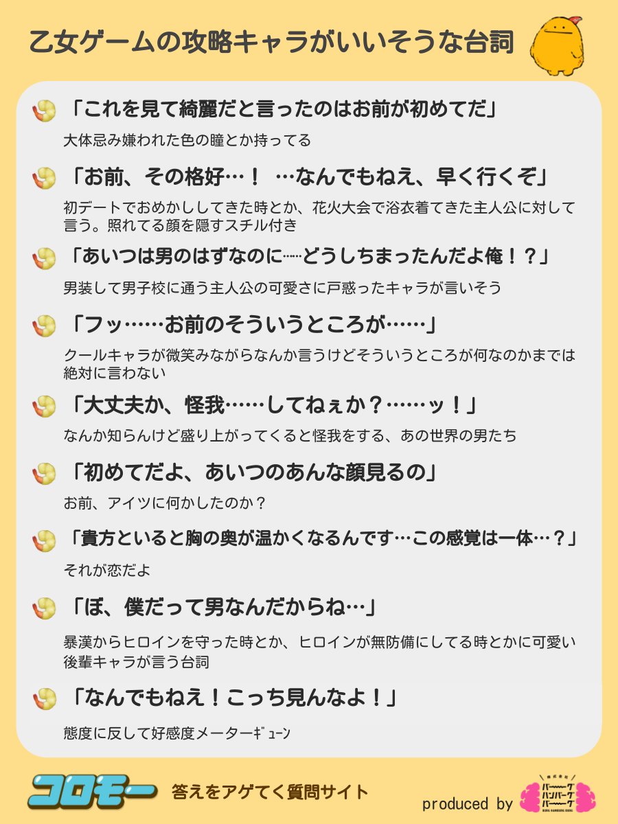 みんながアゲてくれた『乙女ゲームの攻略キャラがいいそうな台詞』 