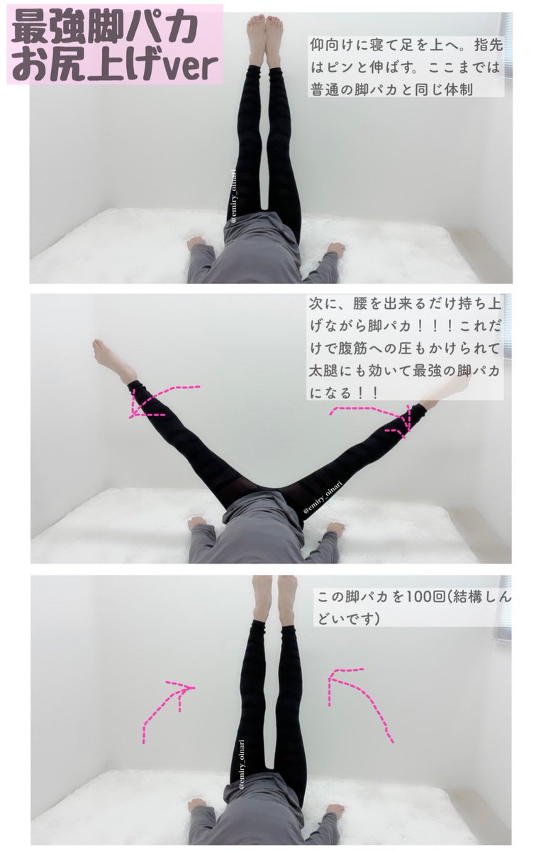 普通の脚パカには満足出来なくなったので最近はこの脚パカをしてるんだが、100回やり終える頃には内腿より先に腹筋が崩壊してる