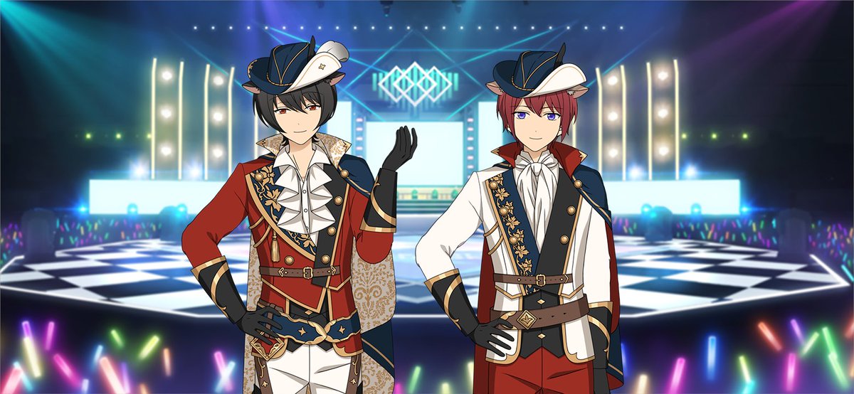 【お知らせ】  凛月と司のカードにはルーム衣装が付いています🎵  ⭐5 朔間 凛月：［ニャン銃士衣装］ ⭐4 朱桜 司　：［ニャン銃士衣装］  マイルーム/アイドルルームで着せ替えてみてください🎩 ※衣装はアイドルロードより開放することができます