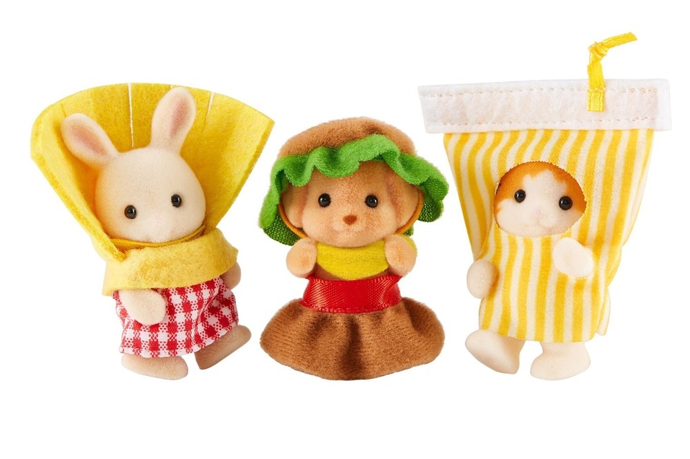 シルバニアファミリー史上初‟ハンバーガーコスチューム”の赤ちゃんトリオ、ポテト&ドリンク衣装も -