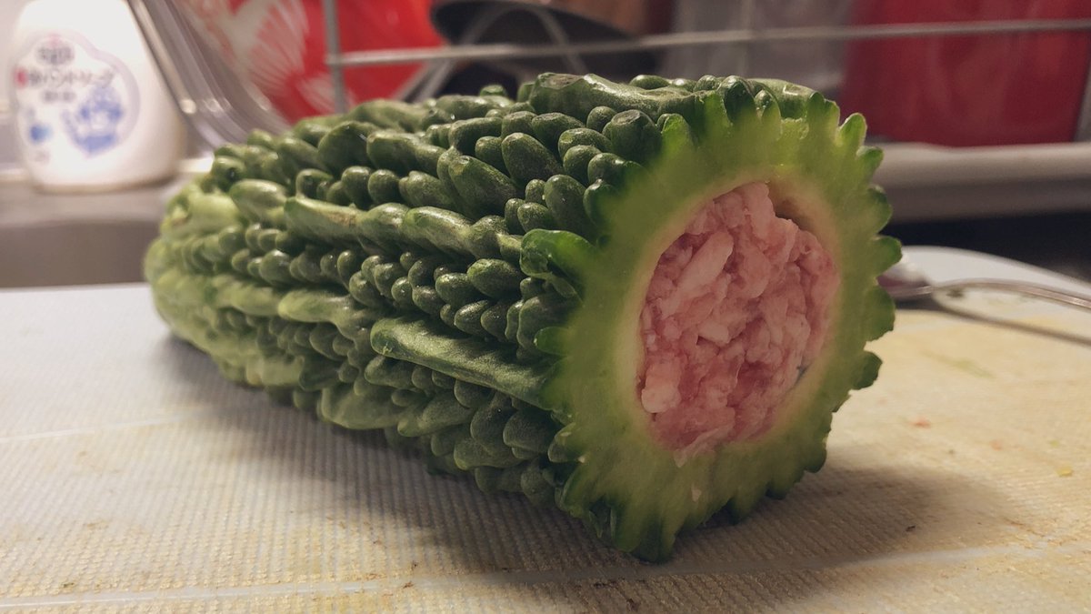 ゴーヤの肉詰め作ってるんだけどイビルジョーの尻尾みたいになってて笑う 