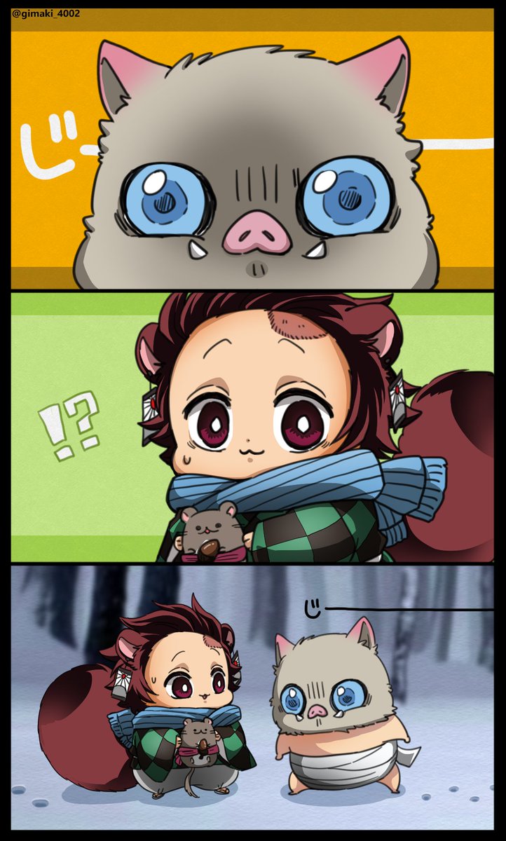 とある日、雪山で出会った子狸炭治郎とちび伊之助🐗 どんぐりあげたら着いてきた 