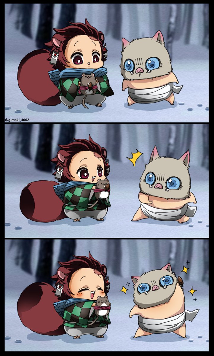 とある日、雪山で出会った子狸炭治郎とちび伊之助🐗 どんぐりあげたら着いてきた 