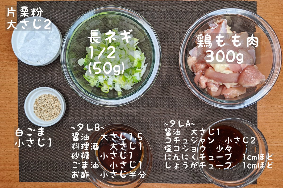 ①鶏肉を大きめにカットし、耐熱容器に入れタレAを加え20分漬ける ②ネギをみじん切りにカットしてタレBを加え600W1分温める ③①に片栗粉を両面まぶしてラップをせずに600W8分温める ④唐揚げに②をかけて完成 油を使わないのでお片付けめちゃ楽で超美味です