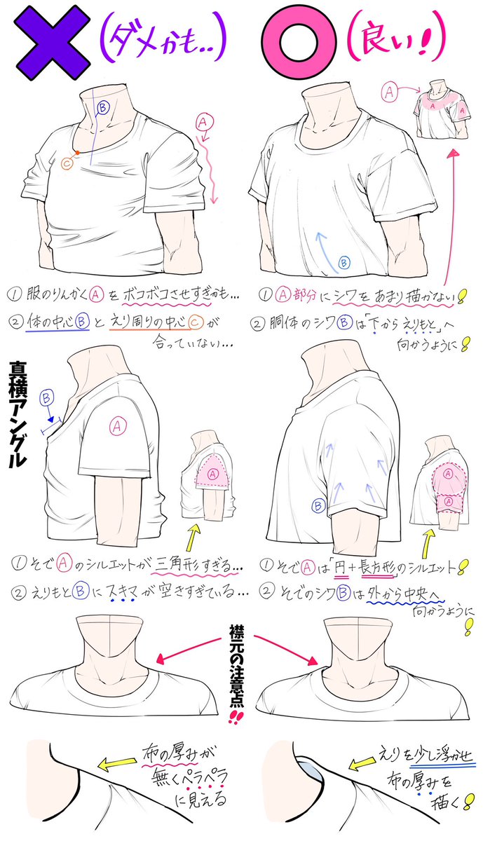 【Tシャツの描き方】  《服のシワや袖まわり》が上達する  「ダメなこと❌」と「良いこと⭕」 