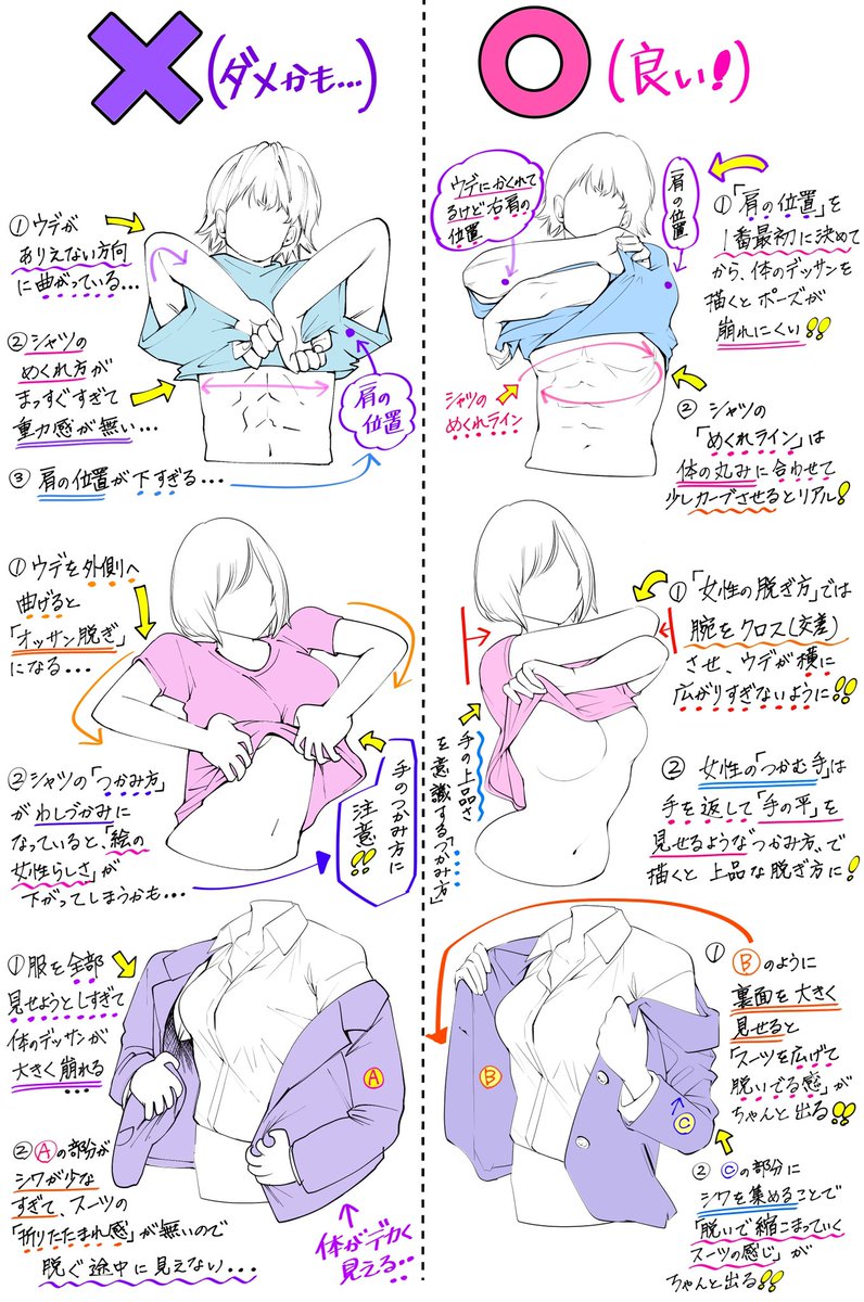 【服を脱ぐポーズの描き方】  「脱ぐ腕の角度と服シワ」が上達する  「ダメかも❌」と「良いかも⭕️」 