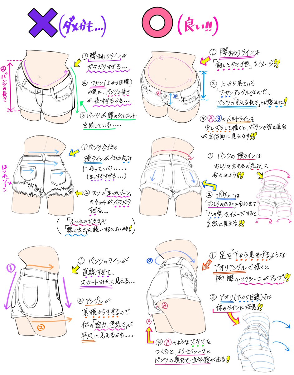 【ホットパンツの描き方】  ✨ジーンズ系のパンツが上達する✨  「ダメかも❌」と「良いかも⭕」  講座の無料投稿はファンボックスで支援してくださる人達のおかげで継続できています✨  ↑Twitterよりもかなり高解像度なので練習に使って頂ければ嬉しいです