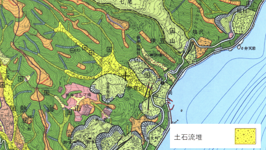 熱海で土石流が発生した場所を地理院地図の土地条件図で見たところ、ちょうど土石流堆のところだった