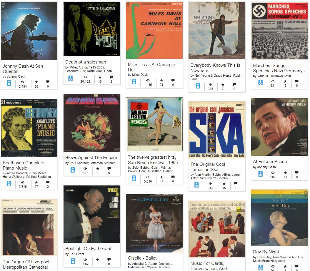 米国の著作権法改正(MMA)を受けて 1972年までのLP音源がインターネット・アーカイブに急増してる アップロードの多くはボストン図書館 去年9月に紹介した時は確か750枚だったが今6500枚 毎日増えてる これ24ビットFlacで丸々ダウンロード合法なんだぞ 凄い時代が来たな