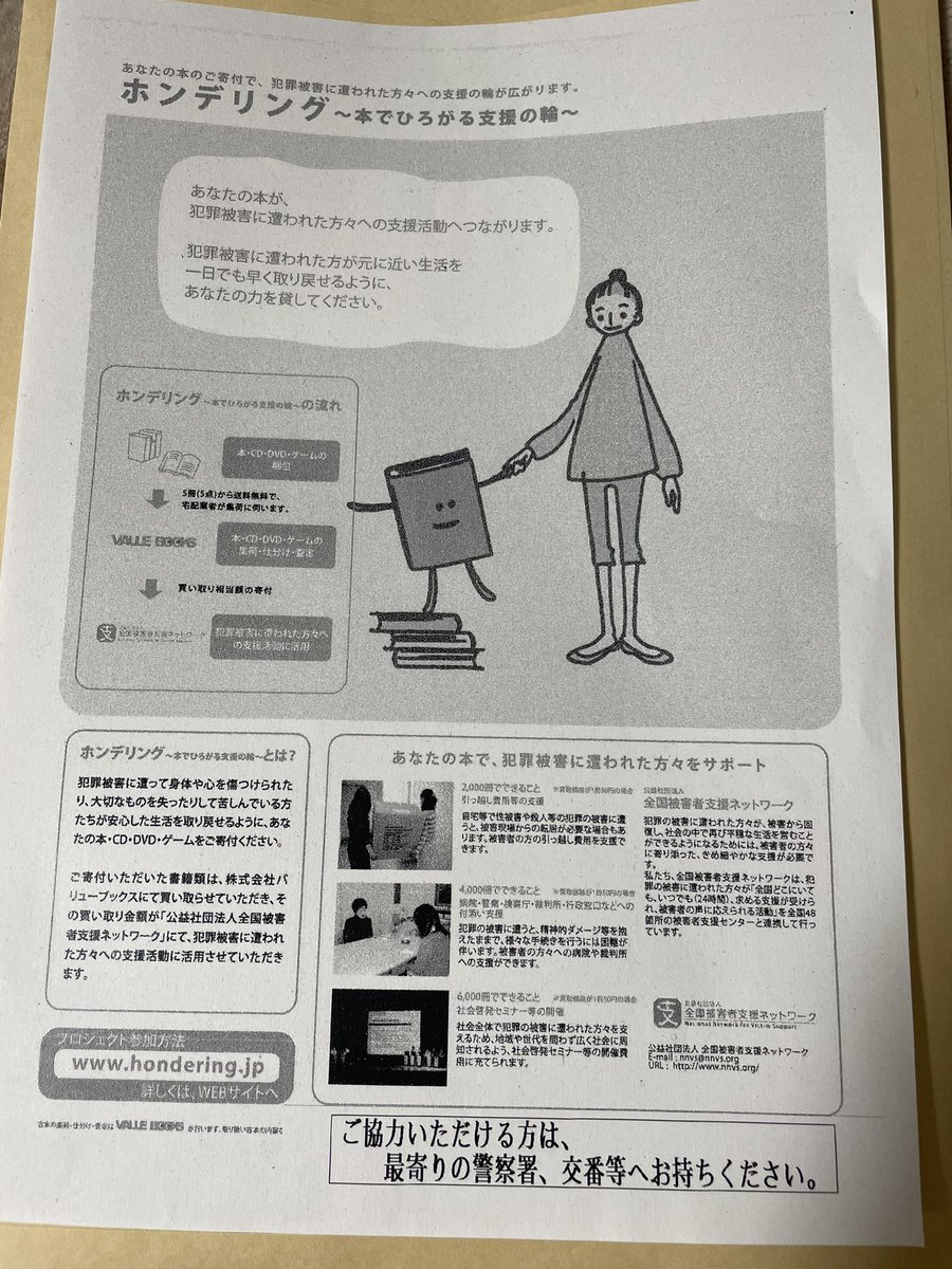 寄贈した本は、業者の人が引き取り、お金に変えられ、犯罪被害者の支援に当てられるそう