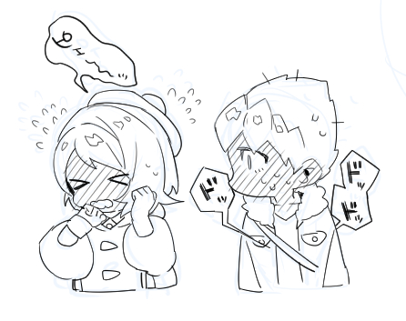 横髪でテレ顔を隠すユウリちゃんとそれ見て何かが走るホプユウ 