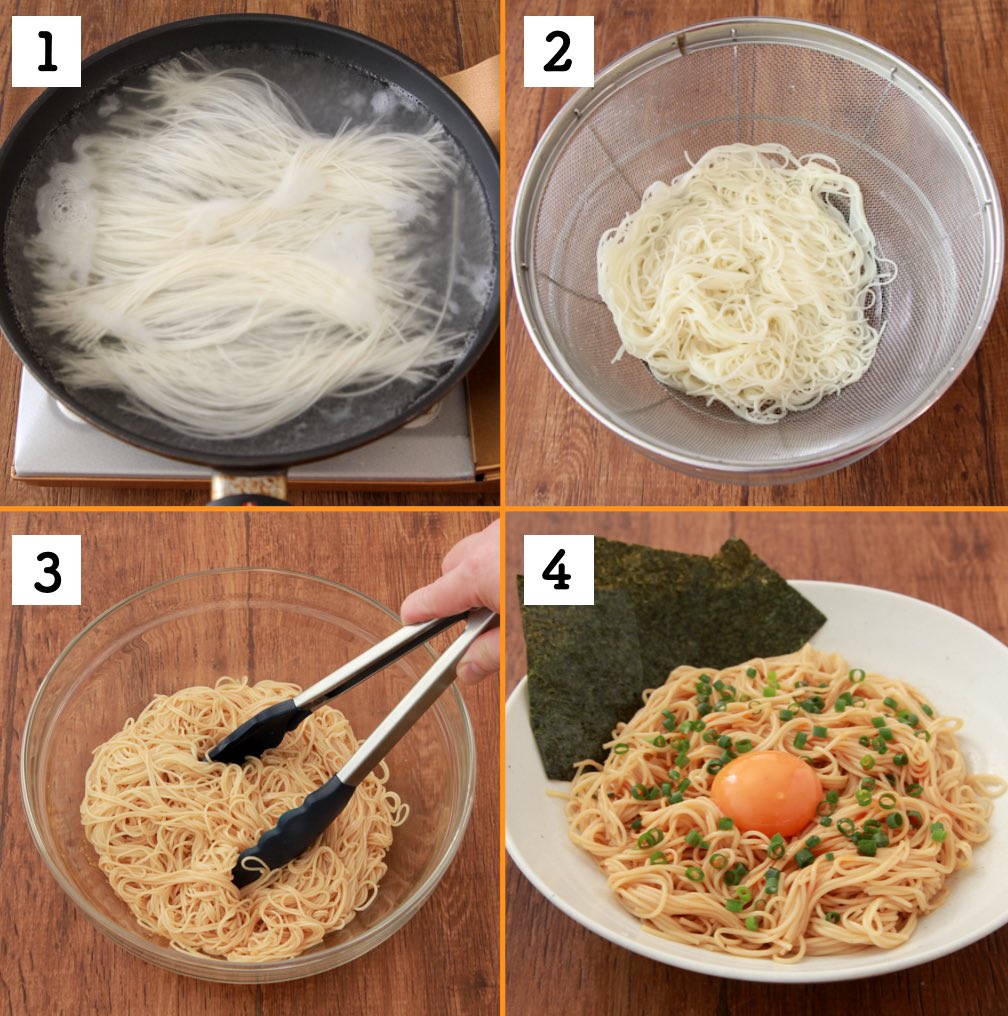 10分かからず簡単です 素麺150g茹で洗い水気切りごま油・オイスターソース各大2、酢大1/2、おろしにんにく小1/2混ぜ醤油で調え卵黄、青葱、胡椒、ラー油