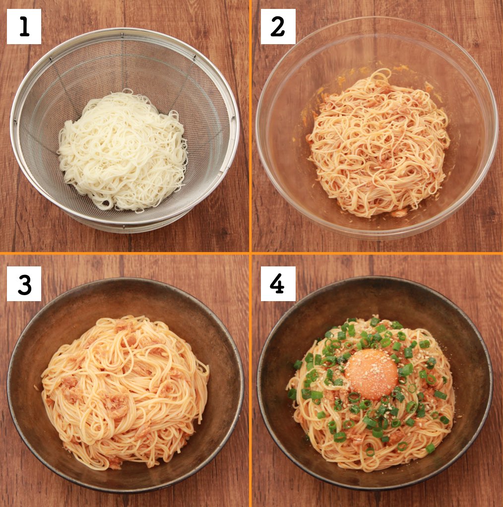   素麺150g茹でてコチュジャン大2弱、ごま油大1.5、3倍濃縮麺つゆ・酢各大1/2、鶏ガラ小1/2、おろしにんにく小1/2、ツナ1缶混ぜ醤油、胡椒で味調え卵黄のせ、青葱、ごま散らす