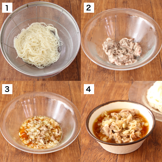 長葱10cm、水230ml、3倍濃縮麺つゆ50ml、鶏ガラ小1混ぜ2分チン