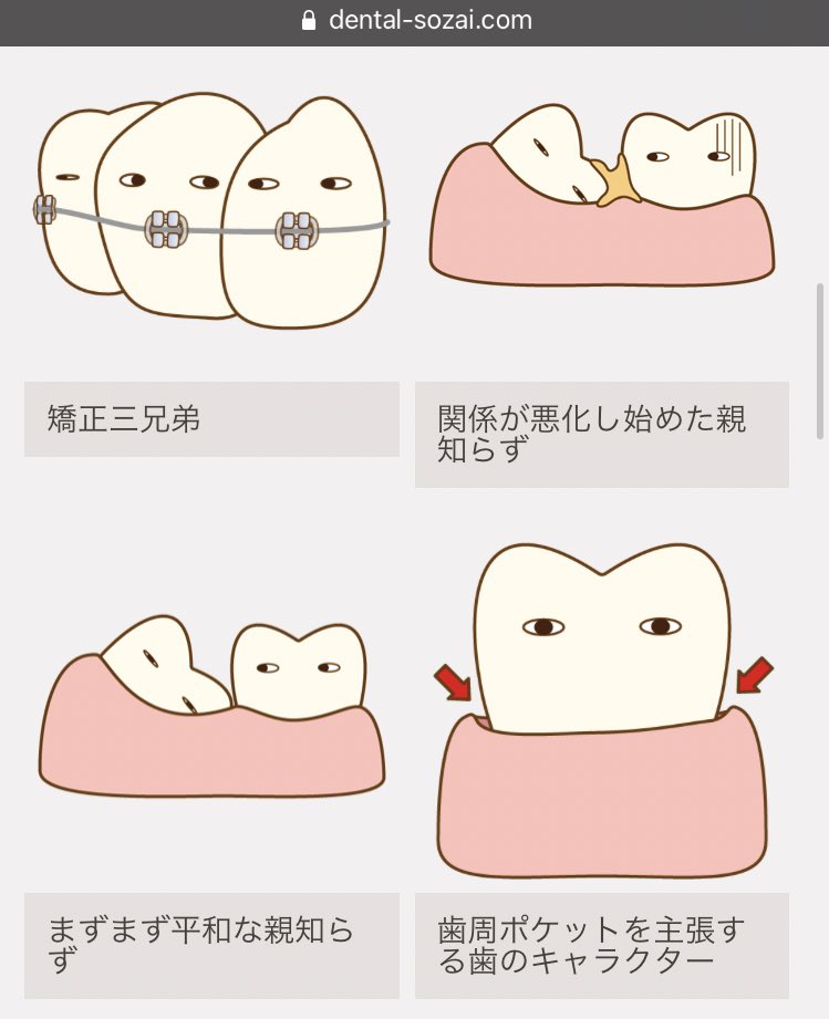 「歯科素材.com」さんの「無口な歯のキャラ」… 実際の歯の状態を表したものもキャラクターとして人間生活をこなすものもあるのだな…