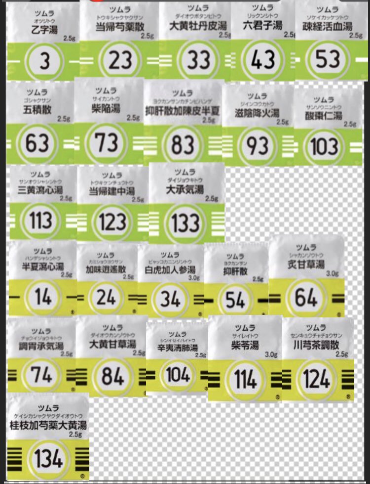 今日はツムラの漢方が下一桁で色が揃っている事だけ覚えて帰って下さい 