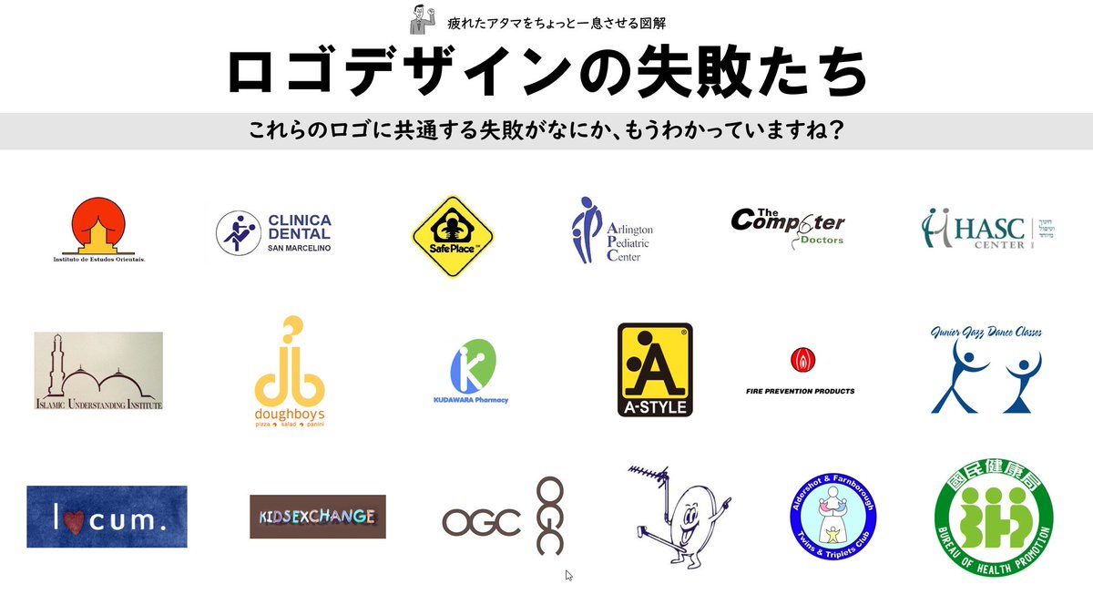 ロゴデザインの失敗たち: 答えがピンときていない人がもしいるなら、このスライドから答えを得てください