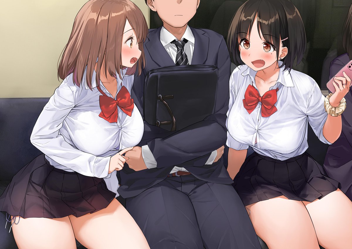 ※電車内で偶然鉢合わせ話が弾むJK達とそれに挟まれ気まずい男性 