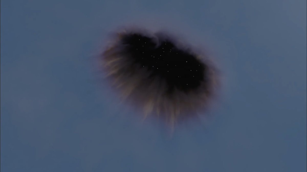 直径10kmクラスの小惑星が落ちてきたら文字通り空に穴が空くんだぜ 空って大気と大気に反射した太陽光で青く見えるんけど、そんな空にこんな小惑星が通過すればそこら辺の大気は押し出される形となって穴が出来てしまう するとその穴から宇宙が見えるってわけだ すぐ閉じるけどね