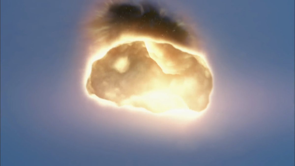 直径10kmクラスの小惑星が落ちてきたら文字通り空に穴が空くんだぜ  空って大気と大気に反射した太陽光で青く見えるんけど、そんな空にこんな小惑星が通過すればそこら辺の大気は押し出される形となって穴が出来てしまう するとその穴から宇宙が見えるってわけだ すぐ閉じるけどね 