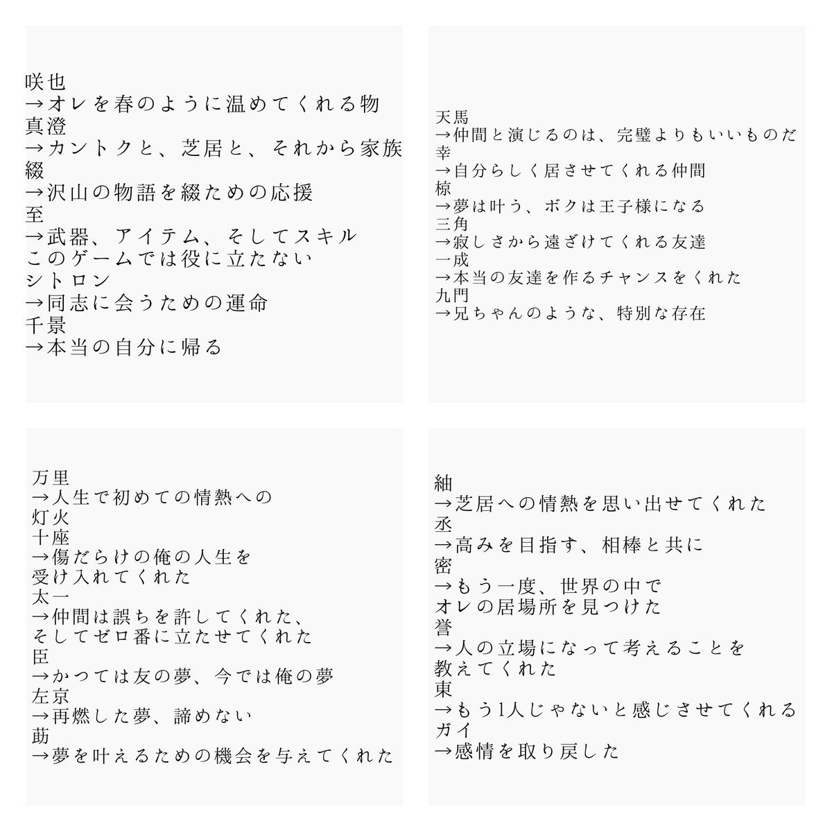 A3!の3周年記念特設サイトにある椅子の上の英文 個人的にエモかったので意訳ではあるけど日本語にしてみたら泣いた #エースリー #エースリー満員御礼 