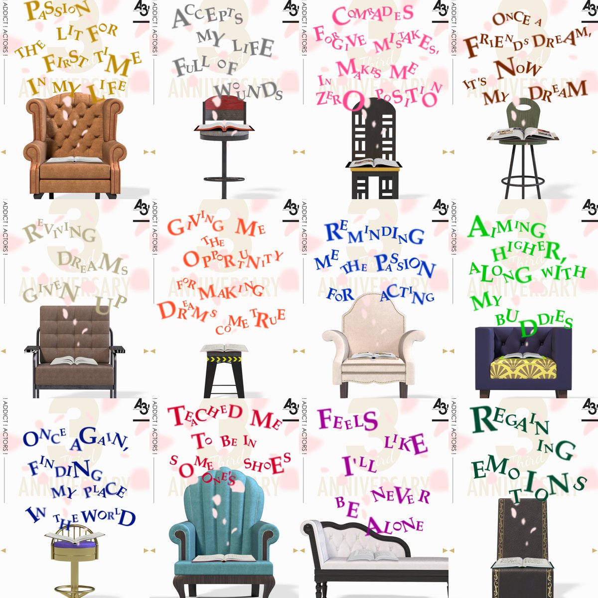 A3!の3周年記念特設サイトにある椅子の上の英文 個人的にエモかったので意訳ではあるけど日本語にしてみたら泣いた #エースリー #エースリー満員御礼 