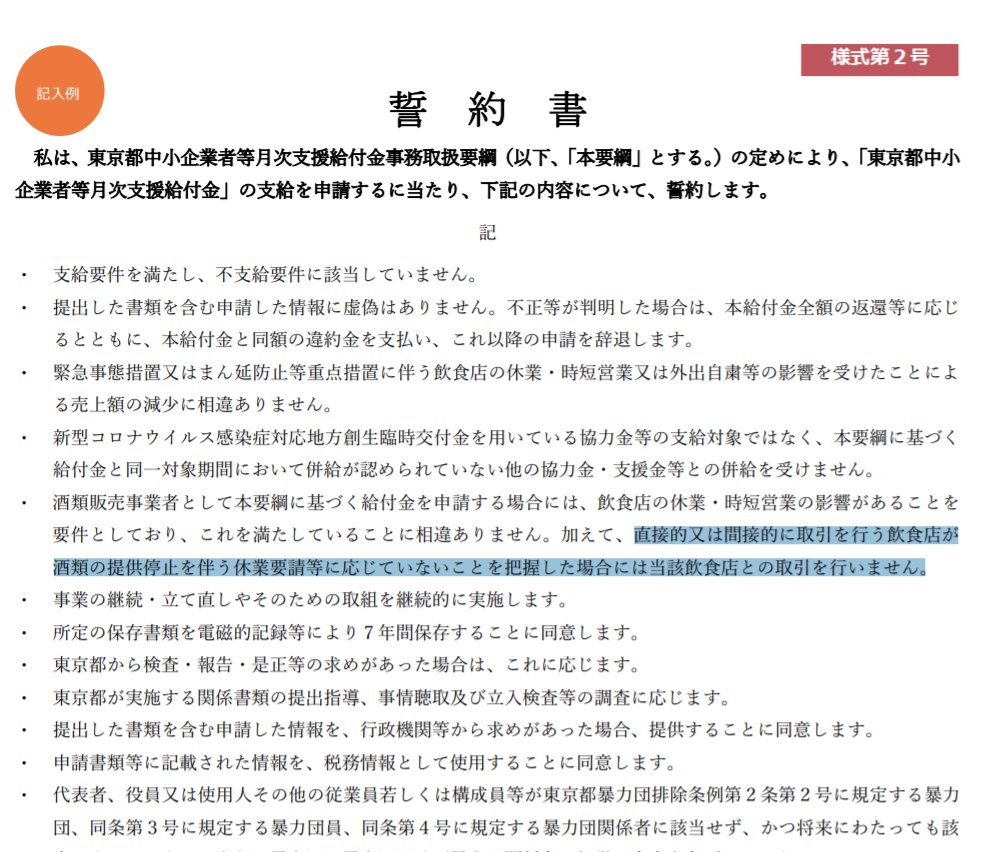 政府が撤回した飲食店への酒の販売しないことを、東京都では中小企業支援給付金の条件にしている