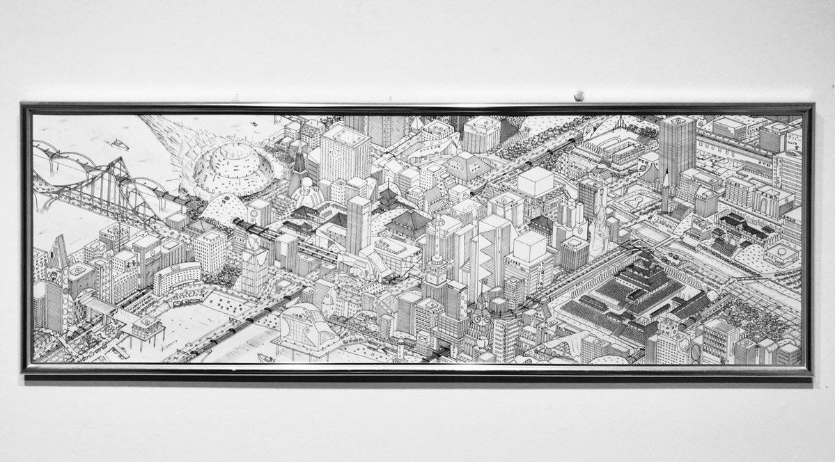 下書きをせず、端っこから思いつくままに空想の街を描いていきます