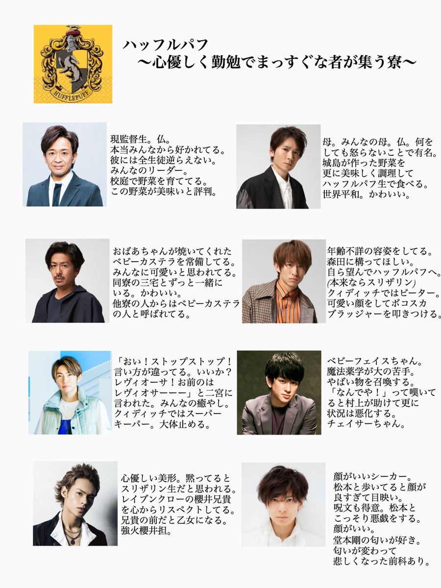生粋のハリポタオタクの私がジャニーズを組分けしてやるよ(正直KinKi Kids以外のことは表面的にしか知らない)(下のジャニーズくんは詳しくないので誰か任せた) 
