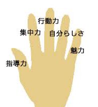 松本潤→指導力 相葉雅紀→集中力 櫻井翔→行動力 二宮和也→自分らしさ 大野智→魅力  手には、5本指があるように 嵐は、5人なんだ 