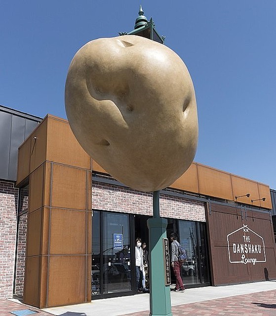 【実在】ジャガイモが街灯に衝突したオブジェ、雑コラに見えると話題に 北海道   「地球外にある男爵いもの小惑星が、地球に落下してきた」という設定